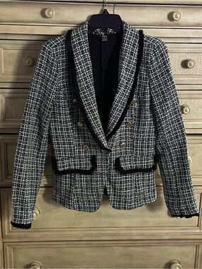 SHEIN Black & White Tweed Double-Breasted Blazer with Black Trim
